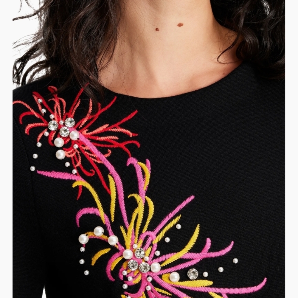 Black Embellished Crewneck Shift Dress with Pink & Yellow Floral Accents - Picture 3 of 5